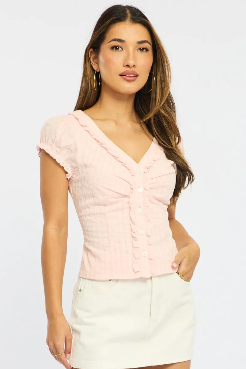 Pink Cap Sleeve Top V-neck Button Up Textured Cotton sold by Ally Fashion