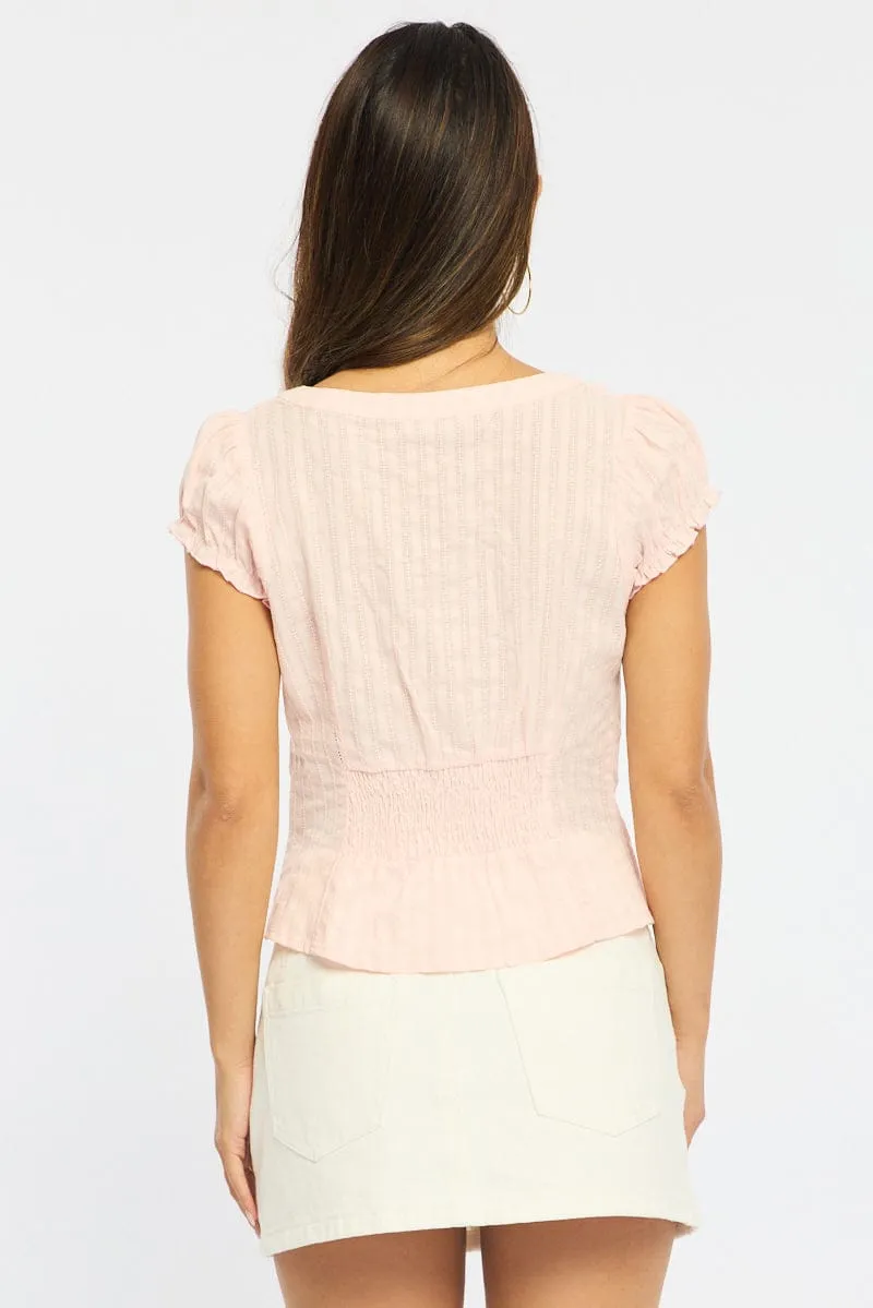 Pink Cap Sleeve Top V-neck Button Up Textured Cotton sold by Ally Fashion product image thumbnail 5