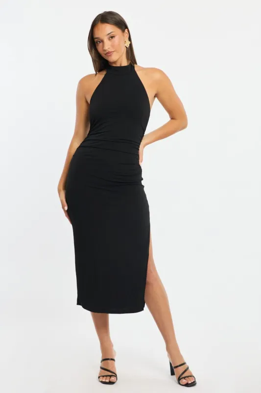 Black Bodycon Dress High Neck Side Ruched sold by Ally Fashion