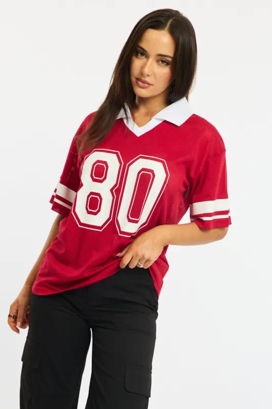 Red Sport Tee Collar Short Sleeve sold by Ally Fashion