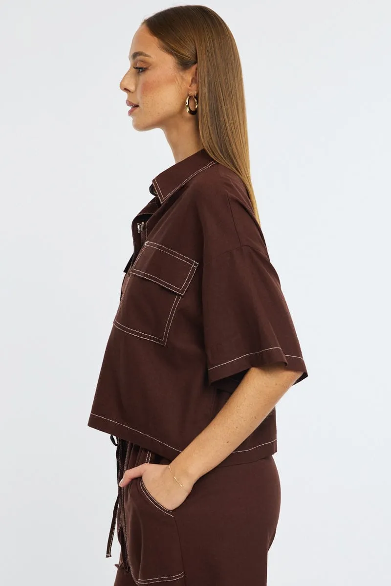 Brown Cropped Shirt Short Sleeve Collared Outpocket sold by Ally Fashion product image thumbnail 3
