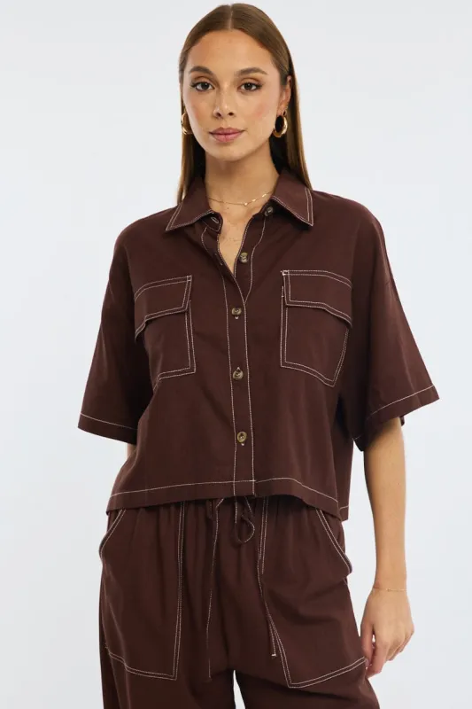 Brown Cropped Shirt Short Sleeve Collared Outpocket sold by Ally Fashion