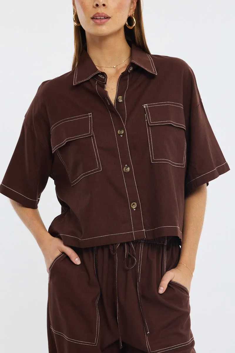 Brown Cropped Shirt Short Sleeve Collared Outpocket sold by Ally Fashion product image thumbnail 5