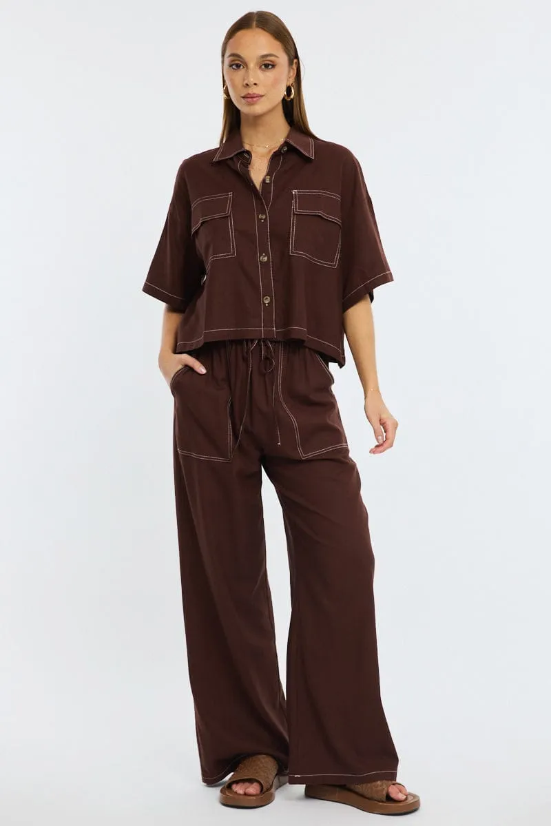 Brown Cropped Shirt Short Sleeve Collared Outpocket sold by Ally Fashion product image thumbnail 2