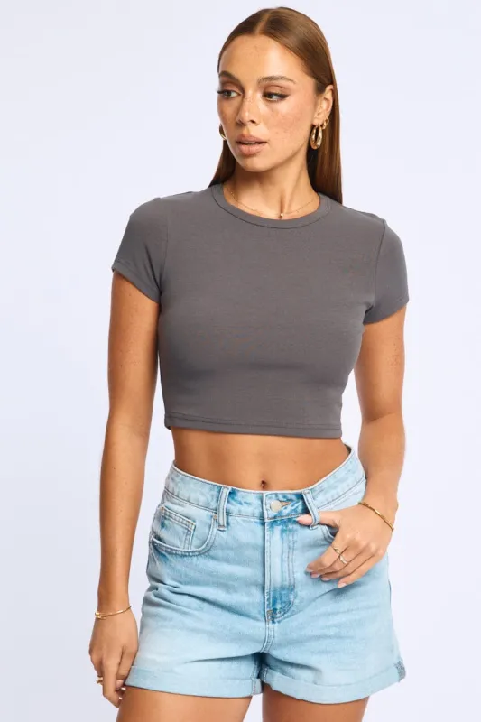 Grey Cropped T-shirt Short Sleeve Crew Neck sold by Ally Fashion