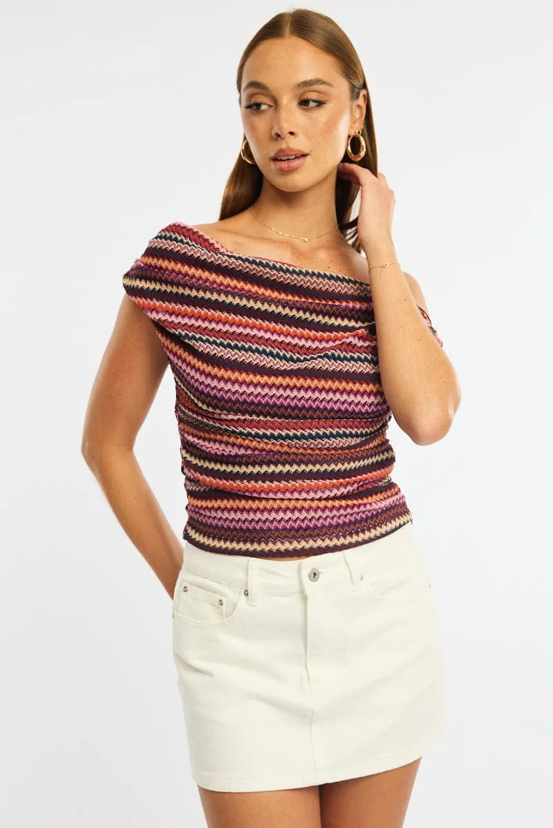 Red Stripe Asymmetric Top Sleeveless One Shoulder Textured sold by Ally Fashion