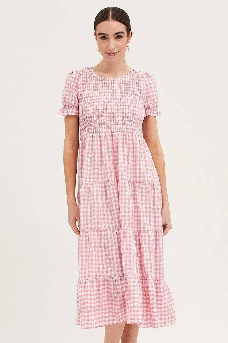 Check Shirred Dress Short Sleeve Midi sold by Ally Fashion product image thumbnail 3
