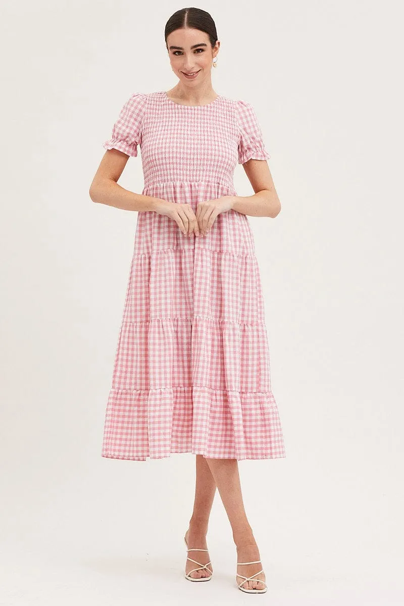 Check Shirred Dress Short Sleeve Midi sold by Ally Fashion product image thumbnail 2
