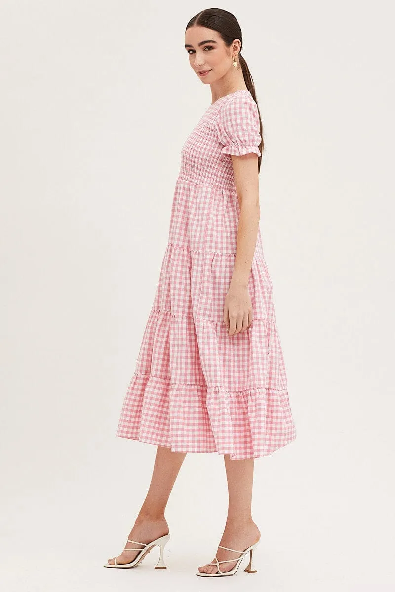 Check Shirred Dress Short Sleeve Midi sold by Ally Fashion product image thumbnail 4