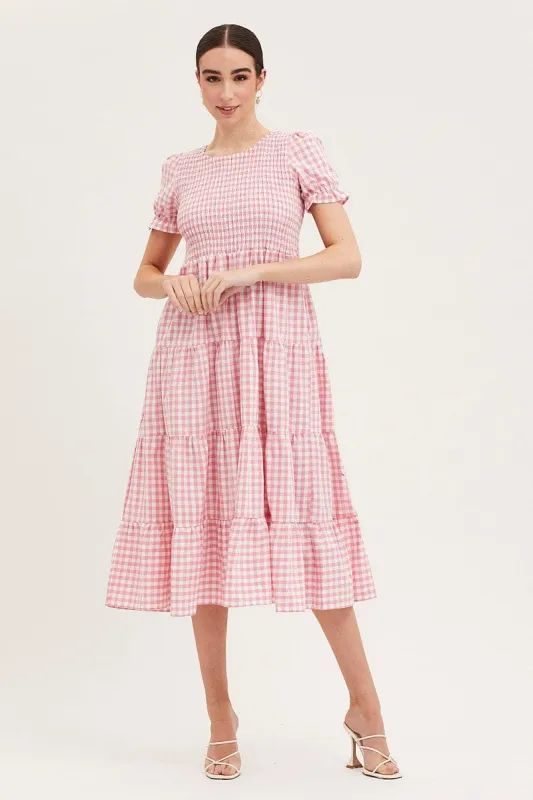 Check Shirred Dress Short Sleeve Midi sold by Ally Fashion