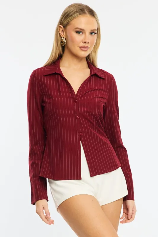 Red Stripe Shirt Long Sleeves Collared Button Up Pinstripe sold by Ally Fashion