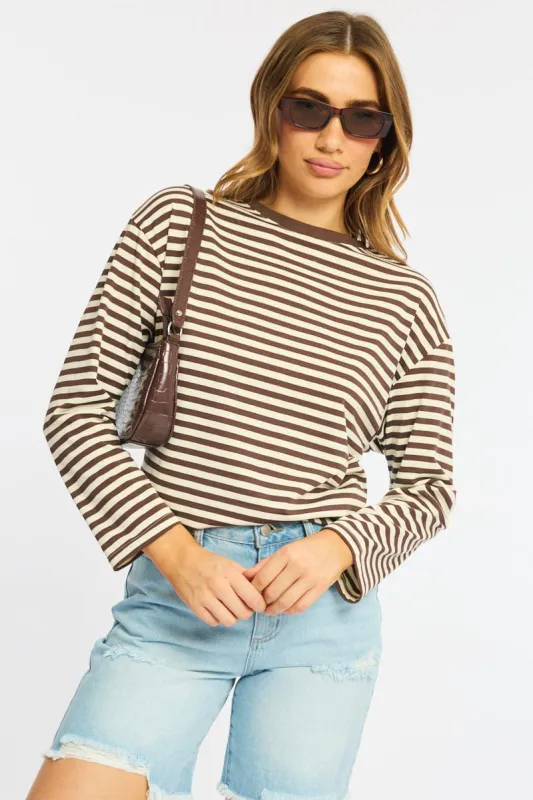 Brown Stripe Striped Top Crew Neck Long Sleeve sold by Ally Fashion