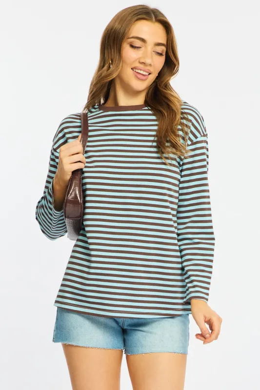 Blue Stripe Striped Top Crew Neck Long Sleeve sold by Ally Fashion
