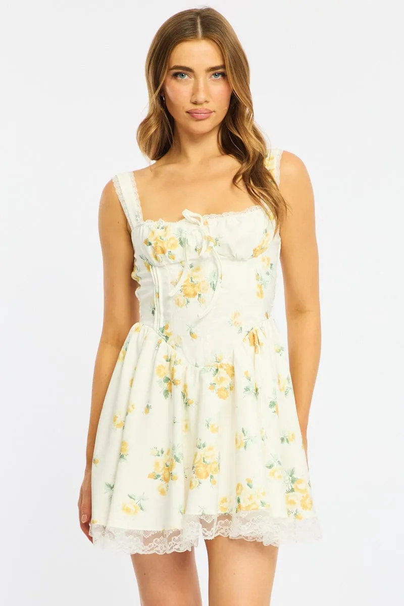 Yellow Floral Fit And Flare Dress Corset Detail Mini sold by Ally Fashion