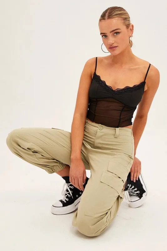 Black Lace Trim Mesh Cami Top sold by Ally Fashion