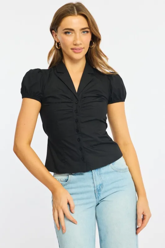 Black Shirt Short Sleeves Collared Tie Back sold by Ally Fashion