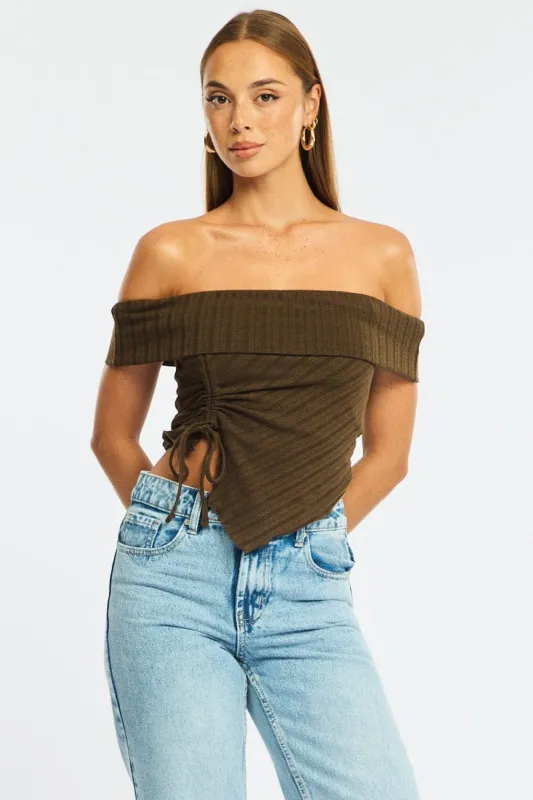 Brown Off Shoulder Knit Ruched Hem sold by Ally Fashion