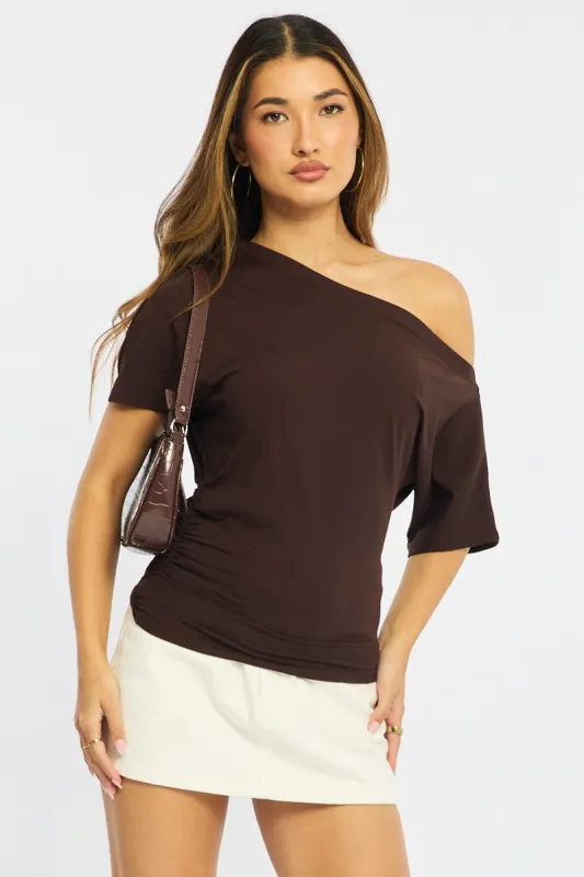 Brown One Shoulder Top Short Sleeve sold by Ally Fashion
