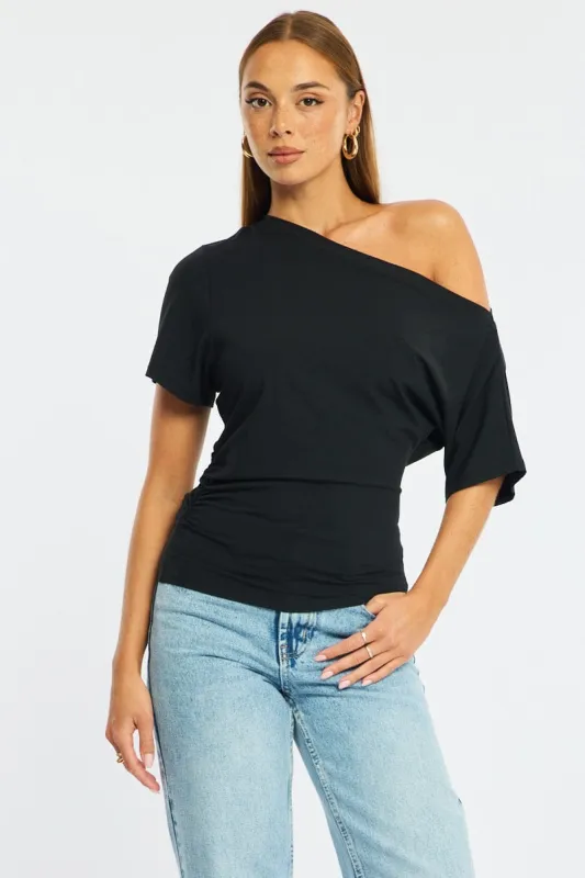Black One Shoulder Top Short Sleeve sold by Ally Fashion