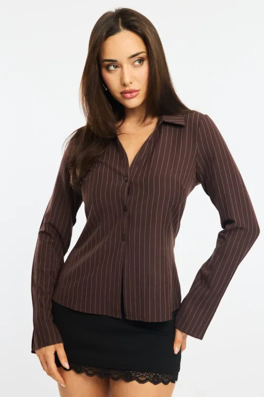 Brown Stripe Shirt Long Sleeves Collared Button Up Pinstripe sold by Ally Fashion