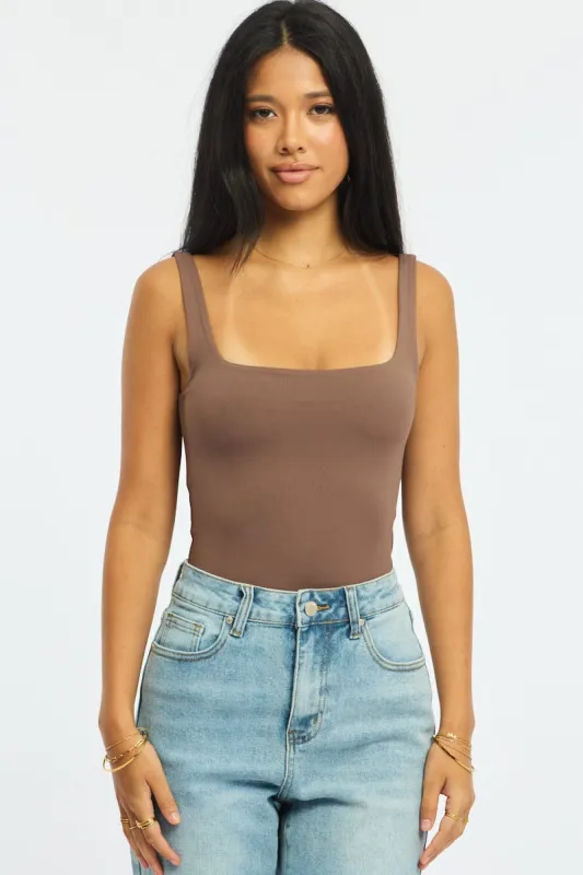 Brown Supersoft Bodysuit Square Neck Sleeveless made by Ally Fashion