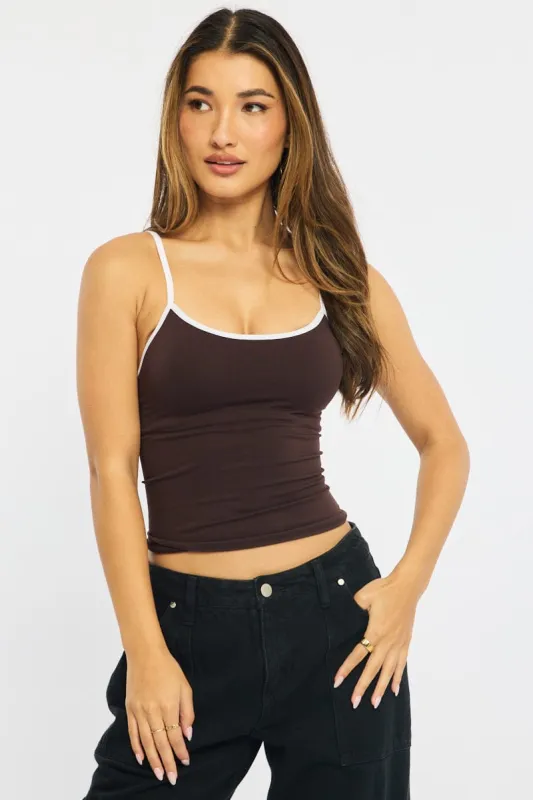 Brown Singlet Top Contrast Binding Seamless sold by Ally Fashion