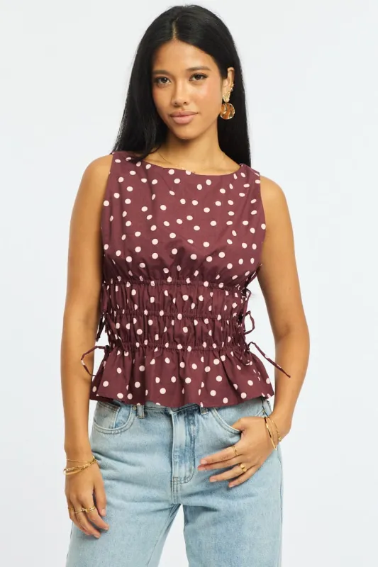 Red Polka Dot Ruched Top Sleeveless Boat Neck Bow Details made by Ally Fashion