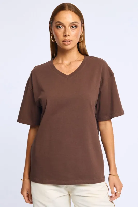 Brown Oversized Tee V-neck Short Sleeve sold by Ally Fashion