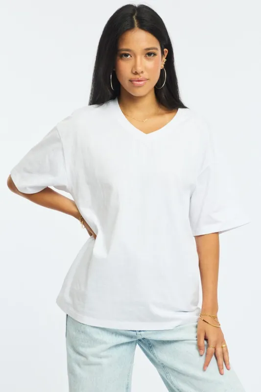 White Oversized Tee V-neck Short Sleeve sold by Ally Fashion