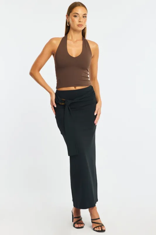 Black Hardware Maxi Skirt Mid Rise Side Split Lined sold by Ally Fashion