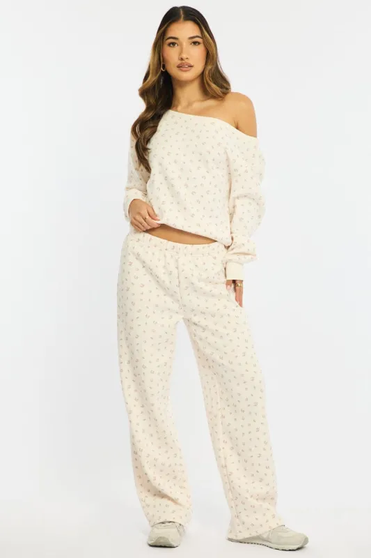 White Ditsy Track Pants Wide Leg sold by Ally Fashion
