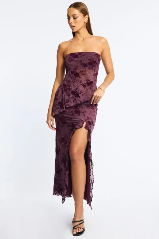 Red Maxi Skirt High Rise Ruffle Frill Hem Burnout made by Ally Fashion