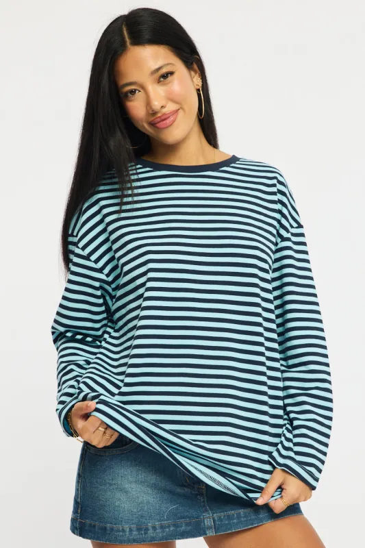 Blue Stripe Striped Top Crew Neck Long Sleeve sold by Ally Fashion