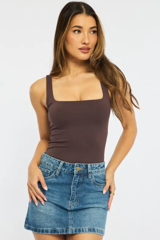 Brown Supersoft Bodysuit Square Neck Sleeveless sold by Ally Fashion