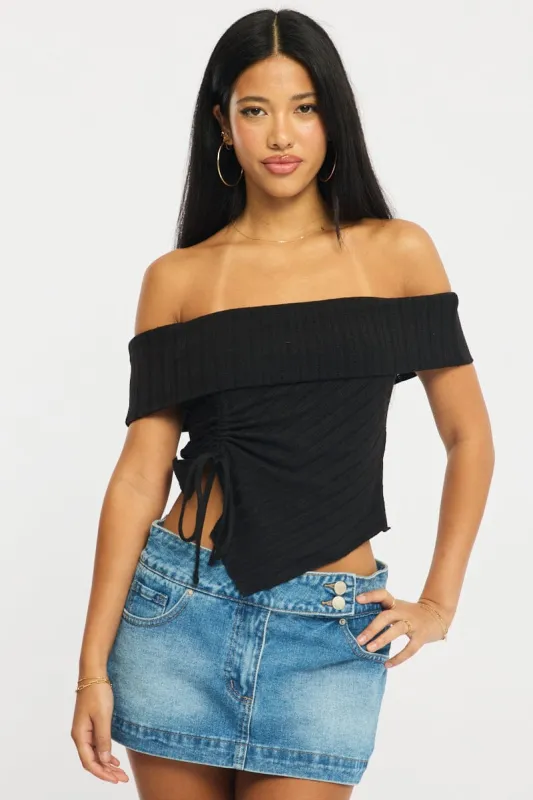 Black Off Shoulder Knit Ruched Hem sold by Ally Fashion