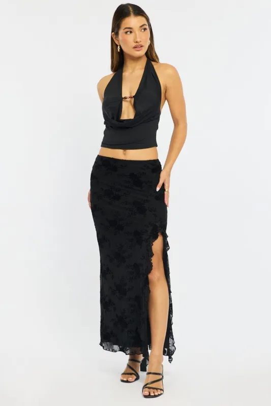 Black Maxi Skirt High Rise Ruffle Frill Hem Burnout made by Ally Fashion