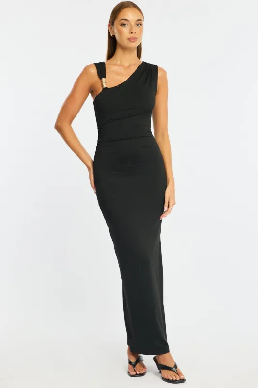 Black Maxi Dress One Shoulder Hard Wear Detail sold by Ally Fashion