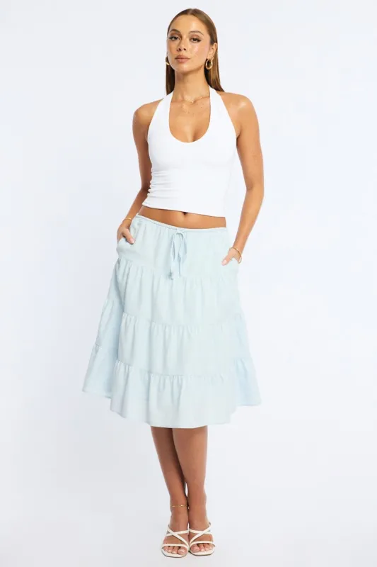 Blue Midi Tiered Skirt Mid Rise Lined made by Ally Fashion