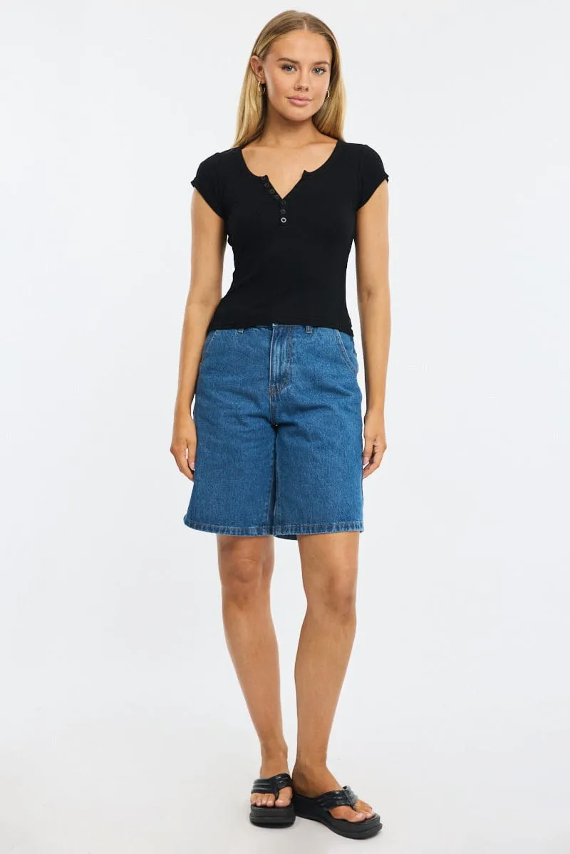 Black Button Down Tee Short Sleeve Rib sold by Ally Fashion product image thumbnail 2