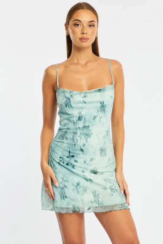 Blue Floral Mini Dress Burnout Fabric sold by Ally Fashion