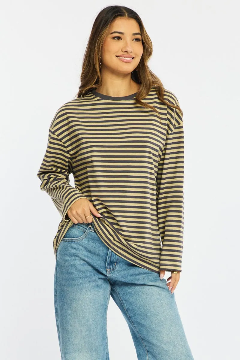 Yellow Stripe Striped Top Crew Neck Long Sleeve sold by Ally Fashion