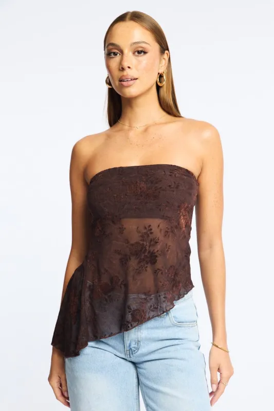 Brown Bandeau Strapless Burnout made by Ally Fashion
