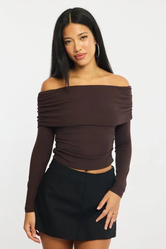 Brown Off Shoulder Top Long Sleeve sold by Ally Fashion