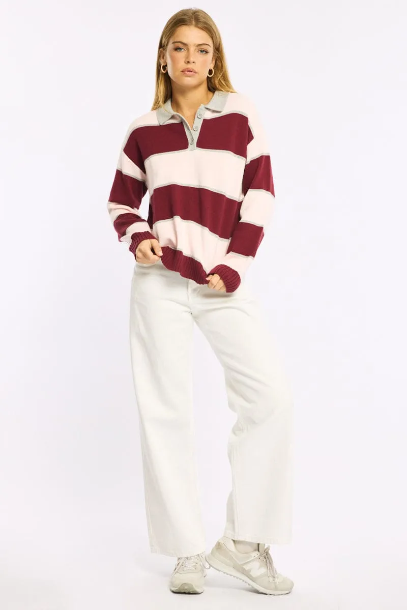 Pink Stripe Stripe Knit Long Sleeve Collared Rugby Jersey sold by Ally Fashion product image thumbnail 2