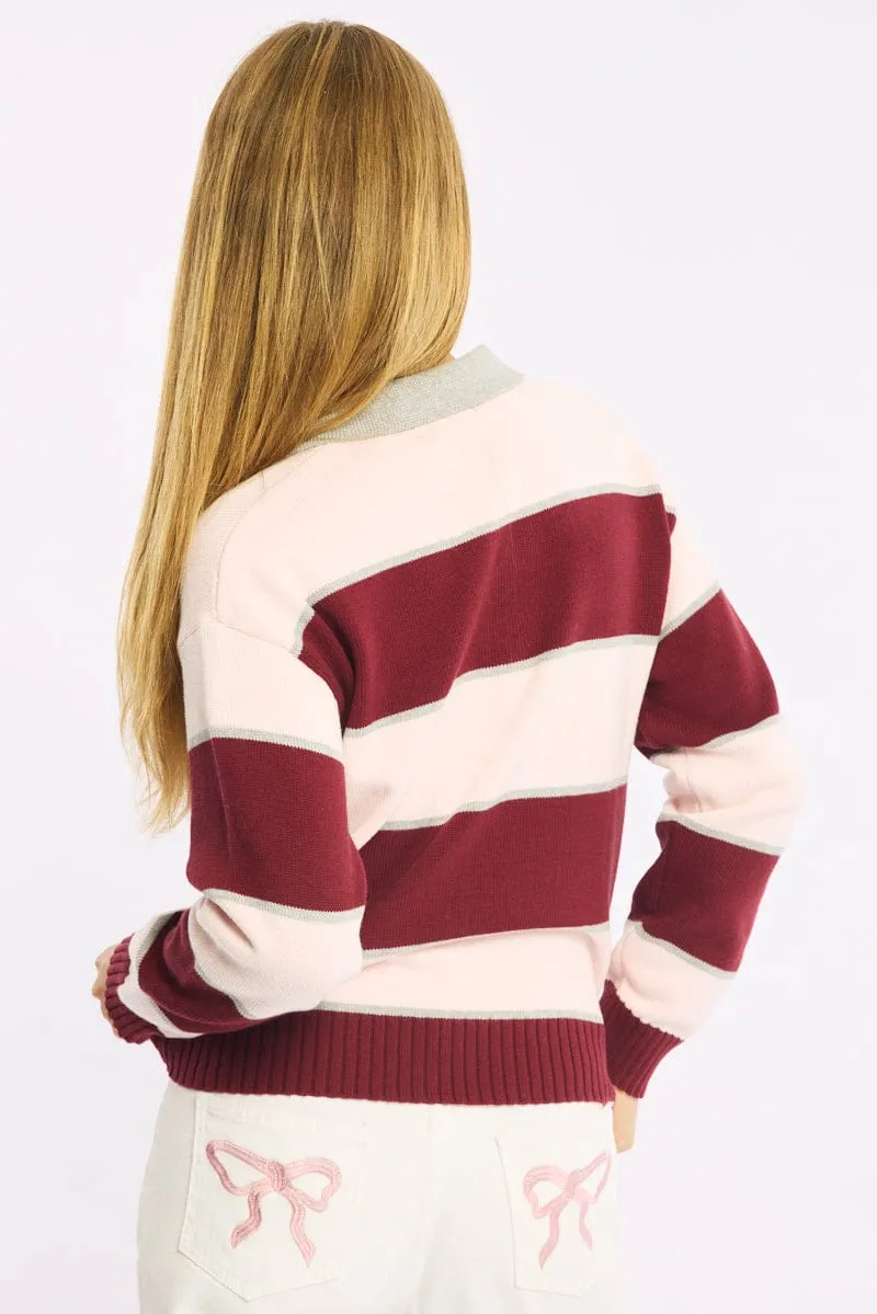 Pink Stripe Stripe Knit Long Sleeve Collared Rugby Jersey sold by Ally Fashion product image thumbnail 4