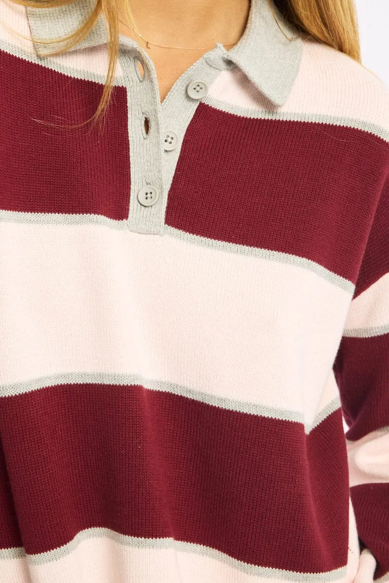 Pink Stripe Stripe Knit Long Sleeve Collared Rugby Jersey sold by Ally Fashion product image thumbnail 5