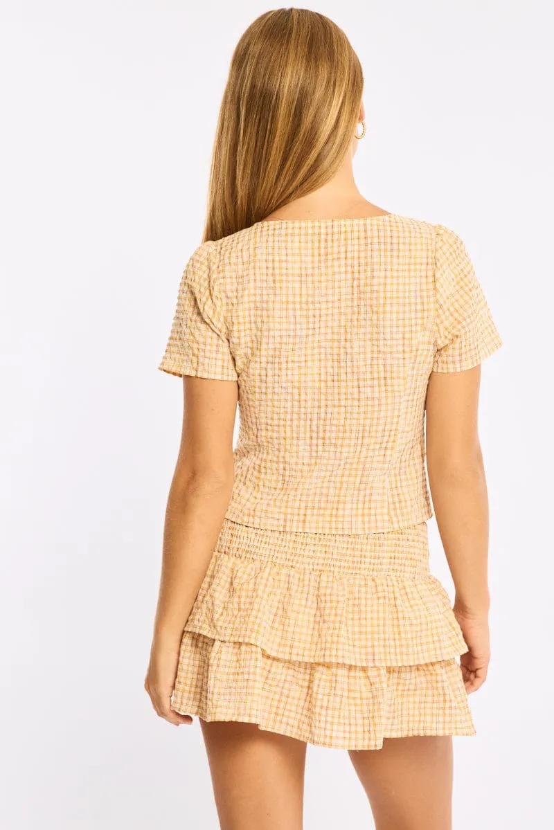 Yellow Check Button Up Top Short Sleeves V-neck sold by Ally Fashion product image thumbnail 4