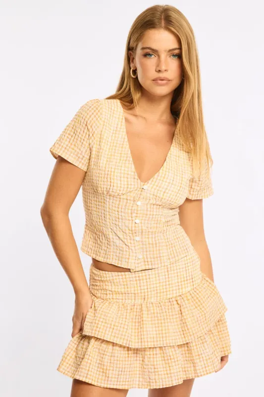 Yellow Check Button Up Top Short Sleeves V-neck made by Ally Fashion
