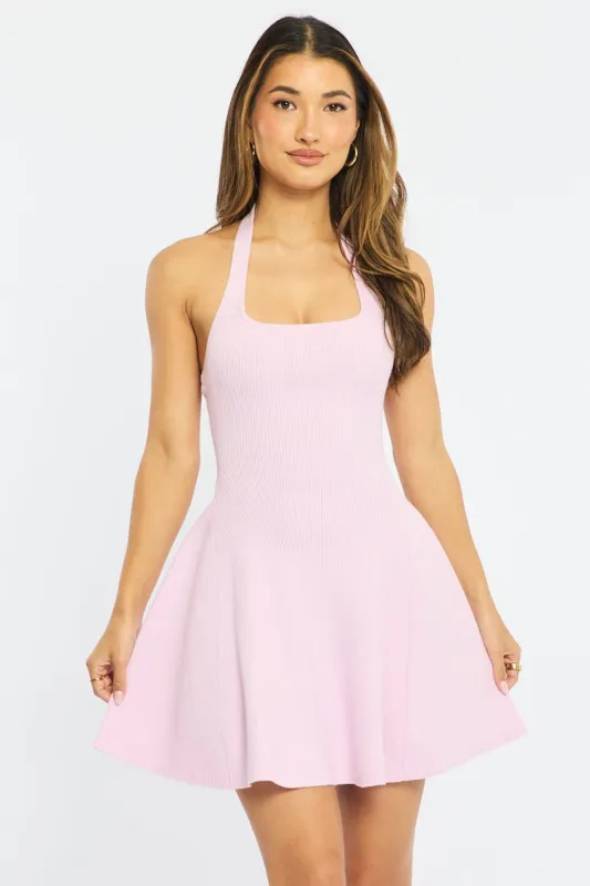 Pink Halter Neck Knit Dress made by Ally Fashion