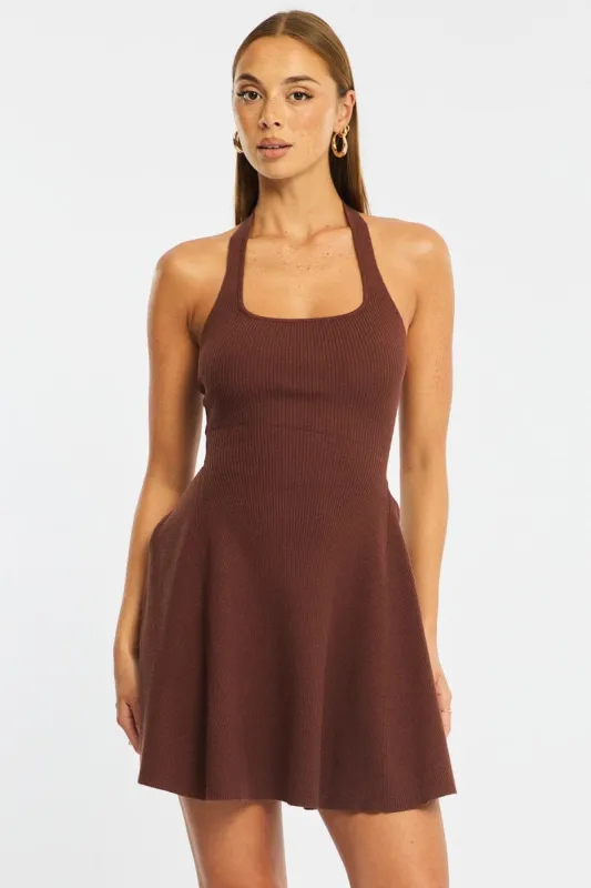 Brown Halter Neck Knit Dress made by Ally Fashion